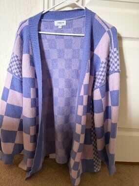 Checkerboard knit cardigan sweater